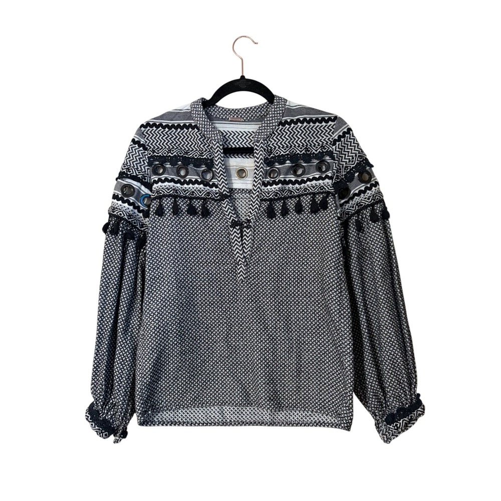 Dodo Bar Or Nathaniel Grommet Blouse Black White Tassel Boho Cotton Top Small